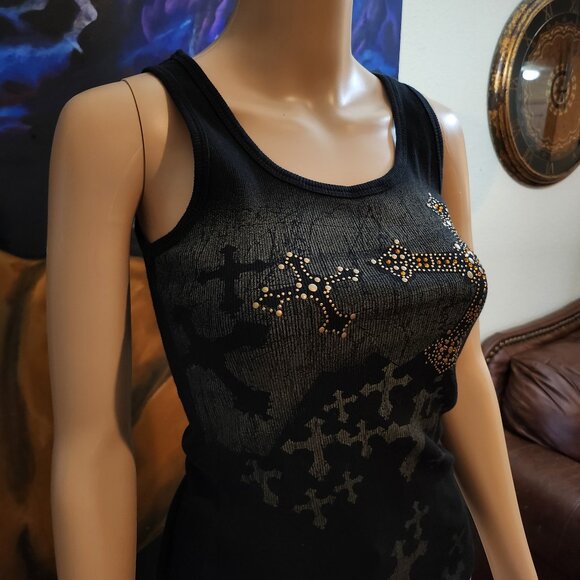 VocalUSA - Black Tank Top with Embellished Cross Pattern Size Small - Picture 4 of 14